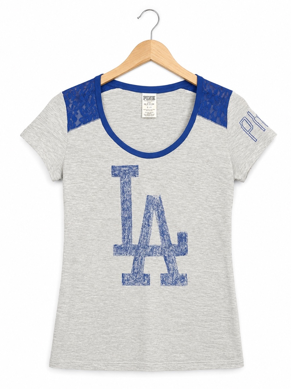 VS PINK LA Dodgers MLB Womens T Shirt S Gray Blue Lace Scoop Neck 5th Ocean EUC